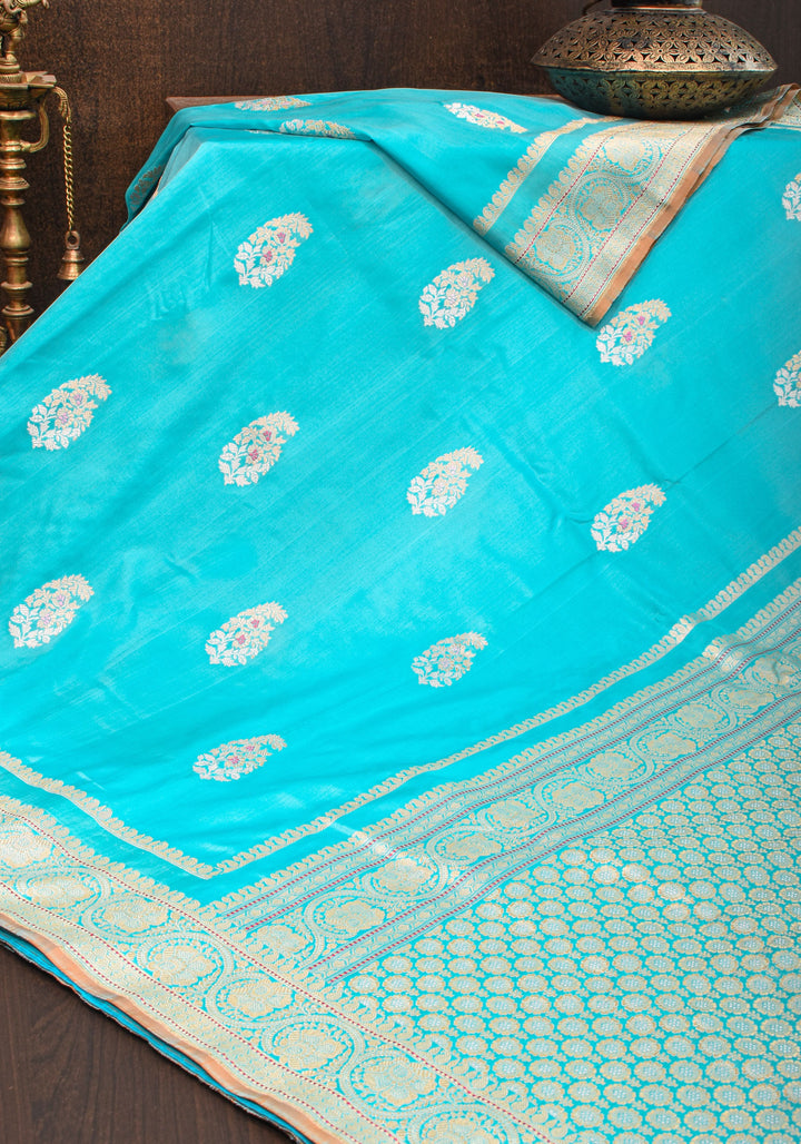 Cyan Pure Banarasi  Meenakari Katan Silk Saree with Zari Borders And Pallu | Silk Mark Certified