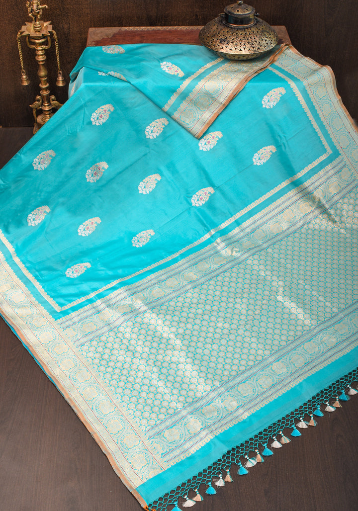 Cyan Pure Banarasi  Meenakari Katan Silk Saree with Zari Borders And Pallu | Silk Mark Certified