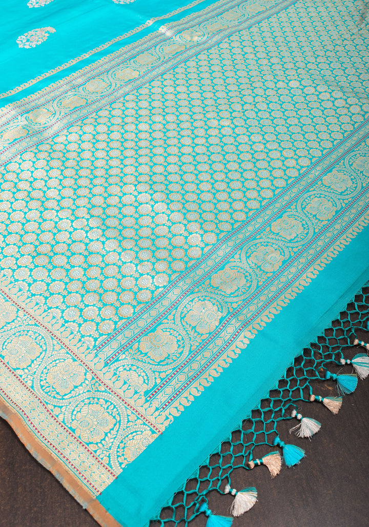 Cyan Pure Banarasi  Meenakari Katan Silk Saree with Zari Borders And Pallu | Silk Mark Certified
