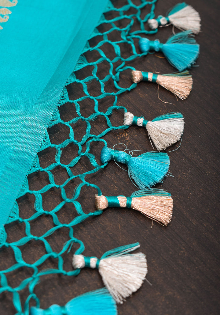 Cyan Pure Banarasi  Meenakari Katan Silk Saree with Zari Borders And Pallu | Silk Mark Certified