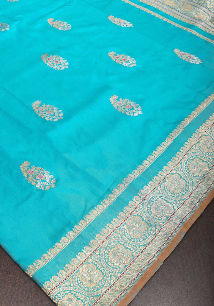 Cyan Pure Banarasi  Meenakari Katan Silk Saree with Zari Borders And Pallu | Silk Mark Certified