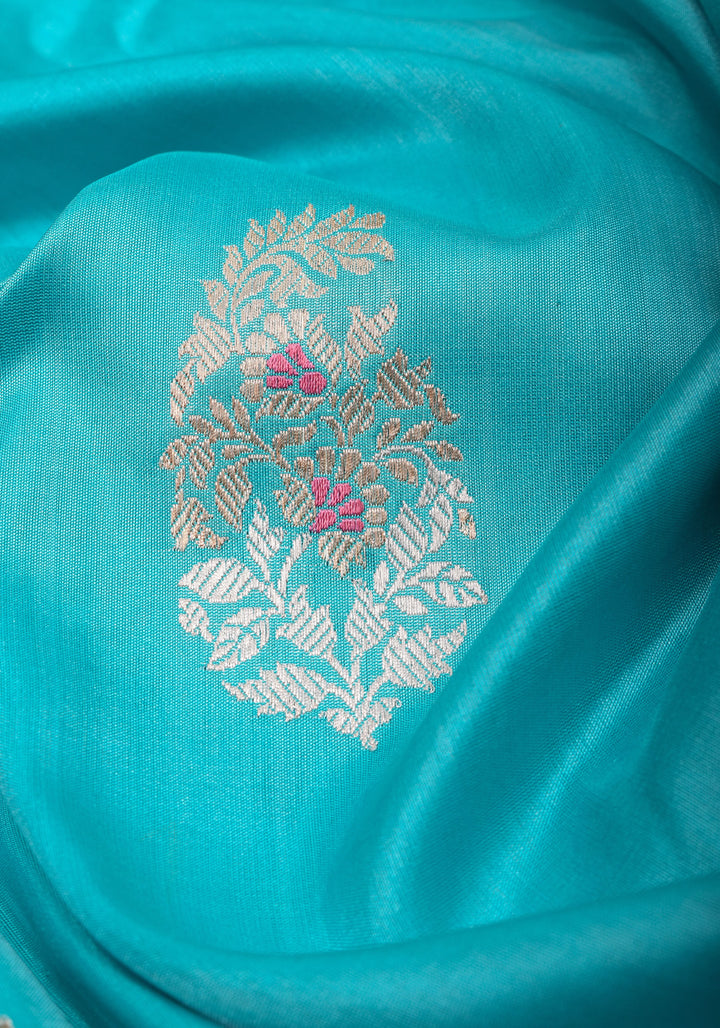 Cyan Pure Banarasi  Meenakari Katan Silk Saree with Zari Borders And Pallu | Silk Mark Certified