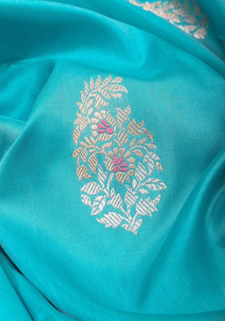 Cyan Pure Banarasi  Meenakari Katan Silk Saree with Zari Borders And Pallu | Silk Mark Certified
