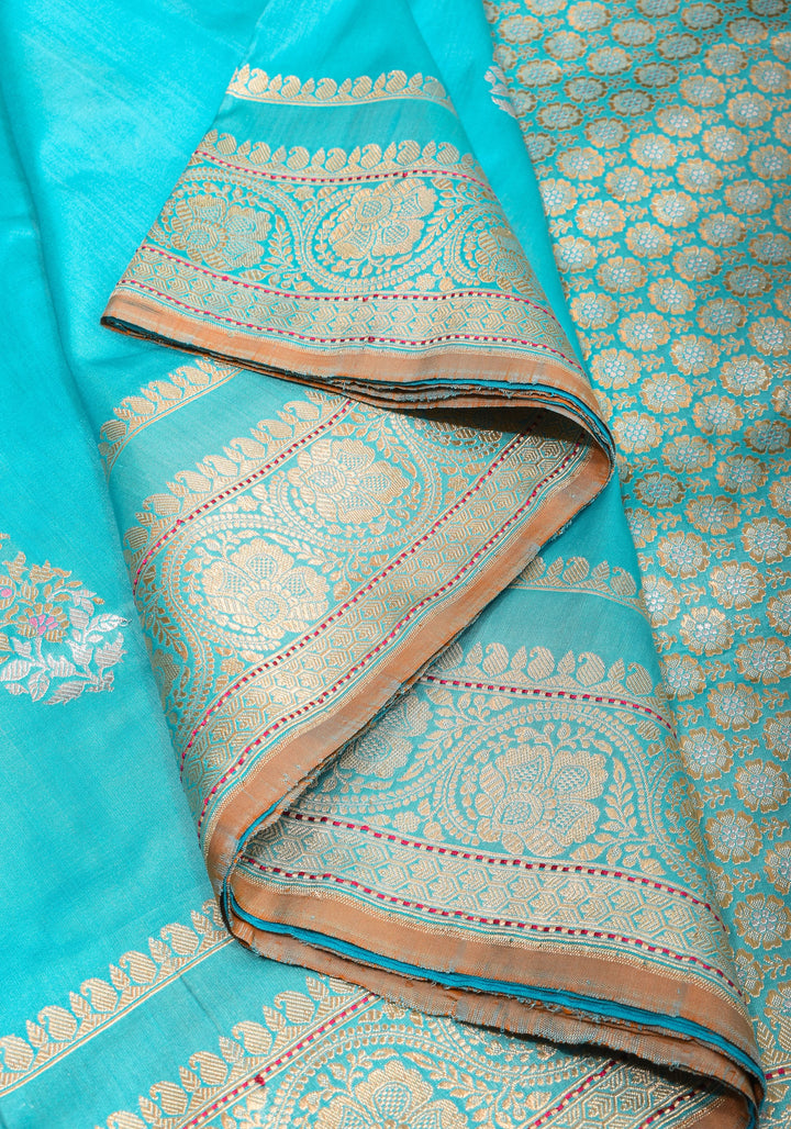 Cyan Pure Banarasi  Meenakari Katan Silk Saree with Zari Borders And Pallu | Silk Mark Certified