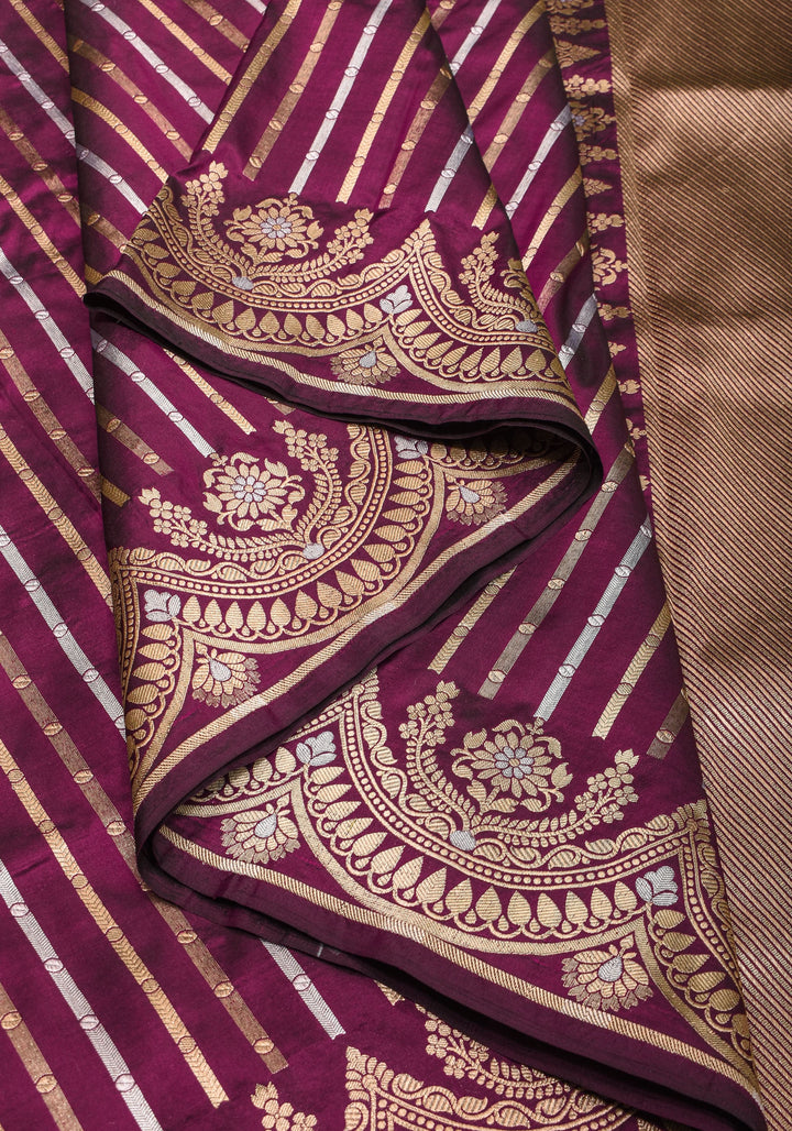 Scalloped Border Banarasi Katan SIlk Saree in Plum with vertical stripes and Sona Rupa Borders| SILK MARK CERTIFIED