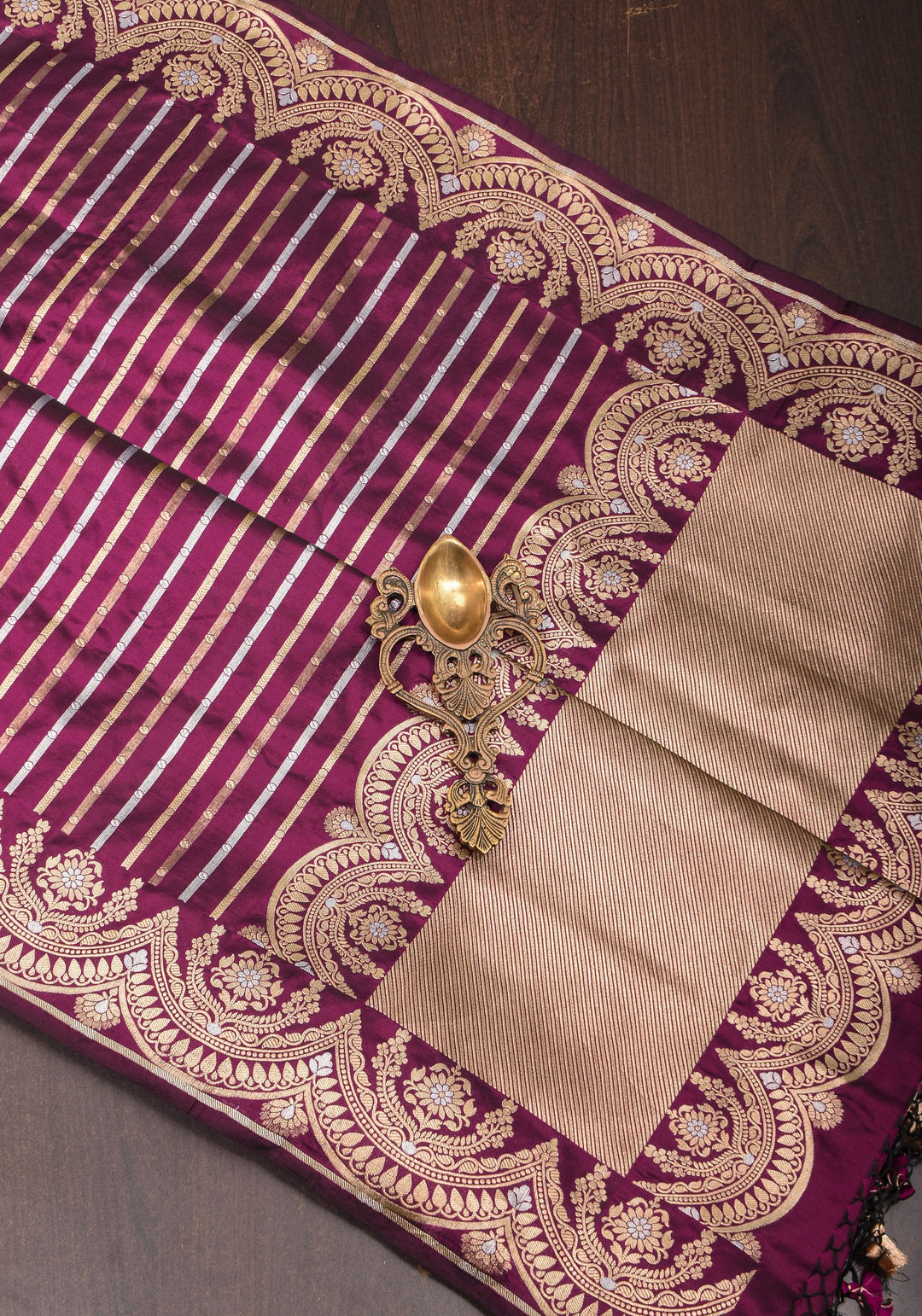 Scalloped Border Banarasi Katan SIlk Saree in Plum with vertical stripes and Sona Rupa Borders| SILK MARK CERTIFIED