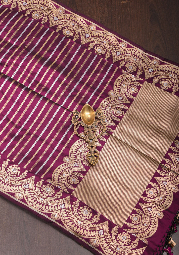 Scalloped Border Banarasi Katan SIlk Saree in Plum with vertical stripes and Sona Rupa Borders| SILK MARK CERTIFIED
