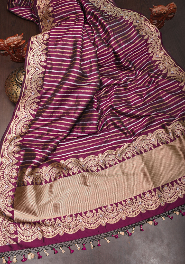 Scalloped Border Banarasi Katan SIlk Saree in Plum with vertical stripes and Sona Rupa Borders| SILK MARK CERTIFIED