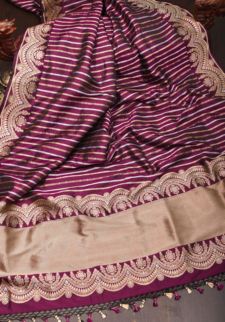Scalloped Border Banarasi Katan SIlk Saree in Plum with vertical stripes and Sona Rupa Borders| SILK MARK CERTIFIED