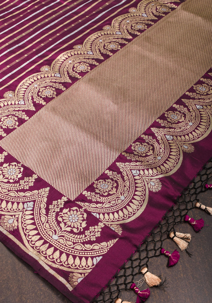 Scalloped Border Banarasi Katan SIlk Saree in Plum with vertical stripes and Sona Rupa Borders| SILK MARK CERTIFIED