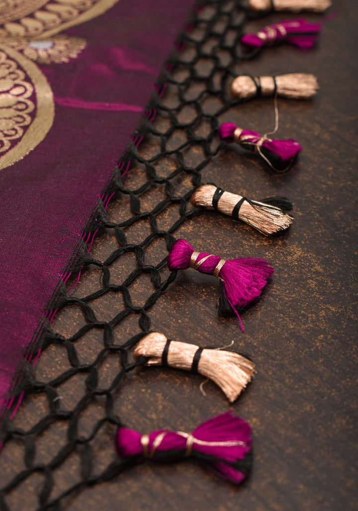 Scalloped Border Banarasi Katan SIlk Saree in Plum with vertical stripes and Sona Rupa Borders| SILK MARK CERTIFIED