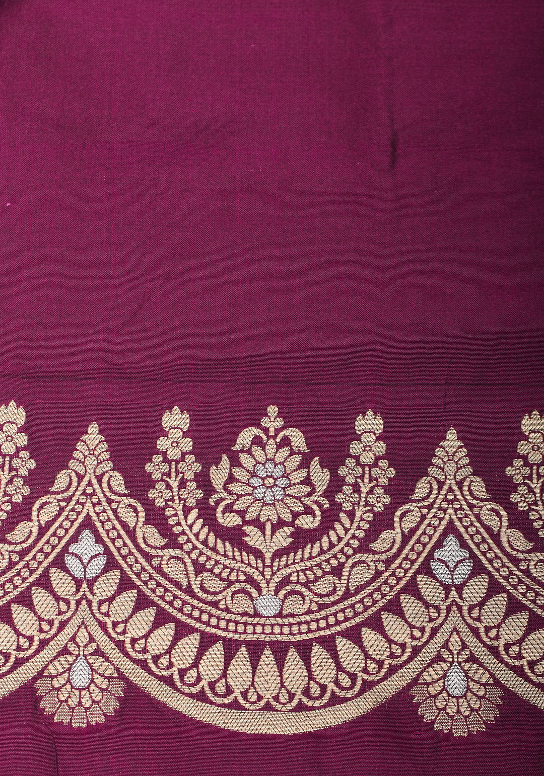 Scalloped Border Banarasi Katan SIlk Saree in Plum with vertical stripes and Sona Rupa Borders| SILK MARK CERTIFIED
