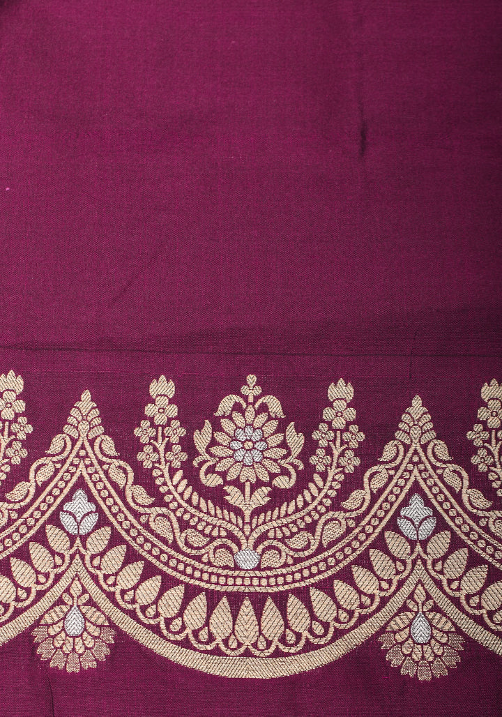 Scalloped Border Banarasi Katan SIlk Saree in Plum with vertical stripes and Sona Rupa Borders| SILK MARK CERTIFIED
