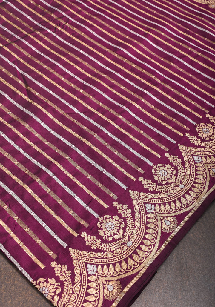 Scalloped Border Banarasi Katan SIlk Saree in Plum with vertical stripes and Sona Rupa Borders| SILK MARK CERTIFIED
