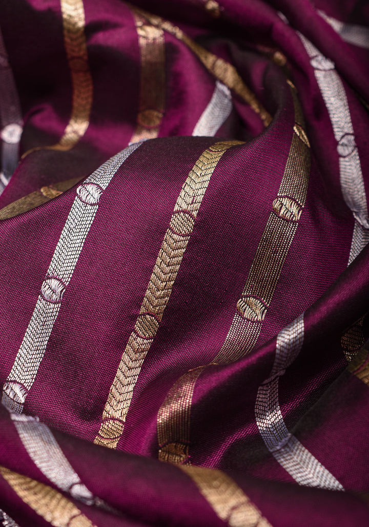 Scalloped Border Banarasi Katan SIlk Saree in Plum with vertical stripes and Sona Rupa Borders| SILK MARK CERTIFIED