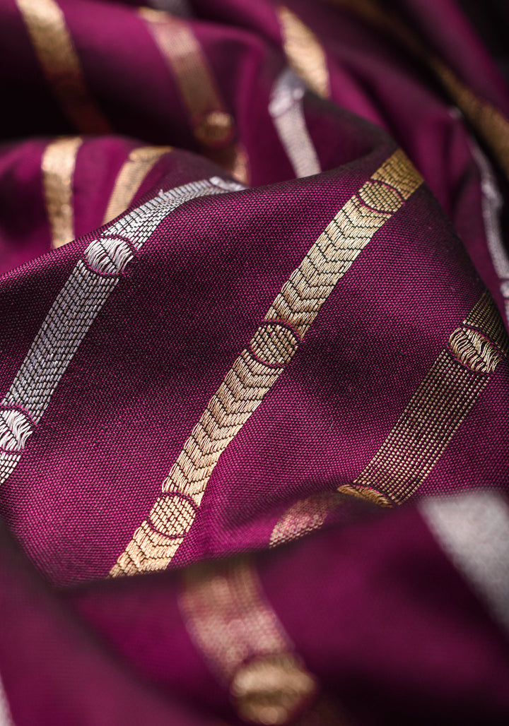 Scalloped Border Banarasi Katan SIlk Saree in Plum with vertical stripes and Sona Rupa Borders| SILK MARK CERTIFIED