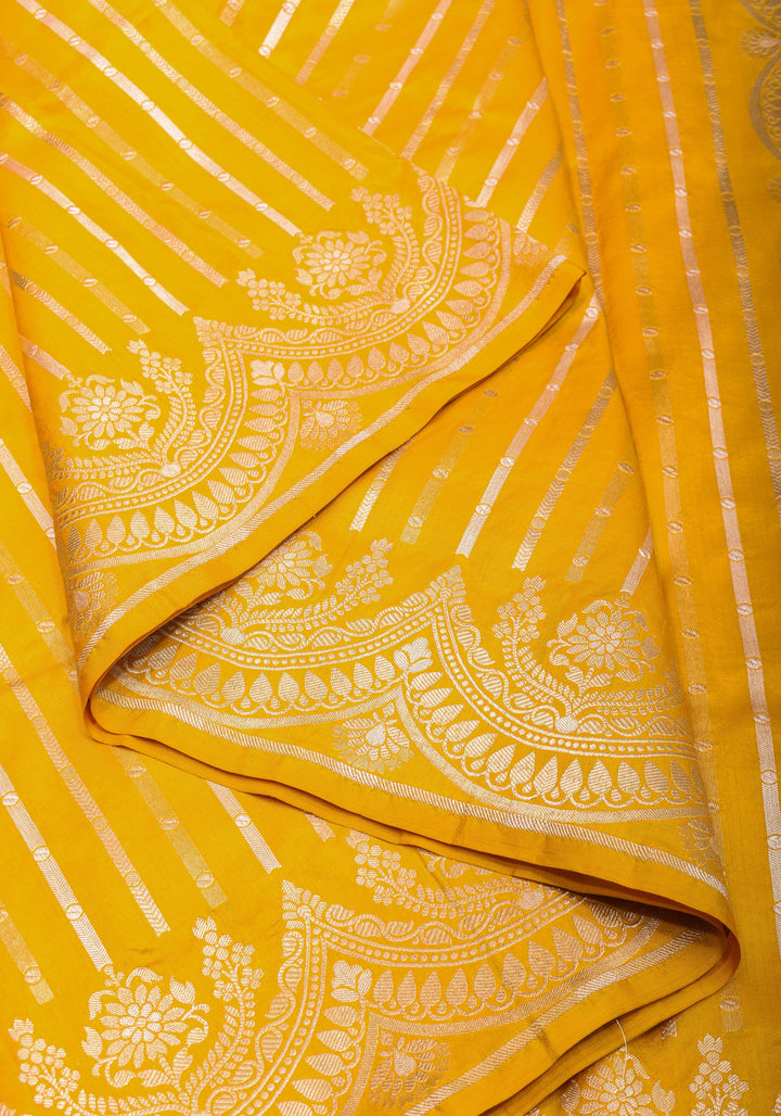 Scalloped Border Banarasi Katan Silk Saree in Yellow with vertical stripes| SILK MARK CERTIFIED