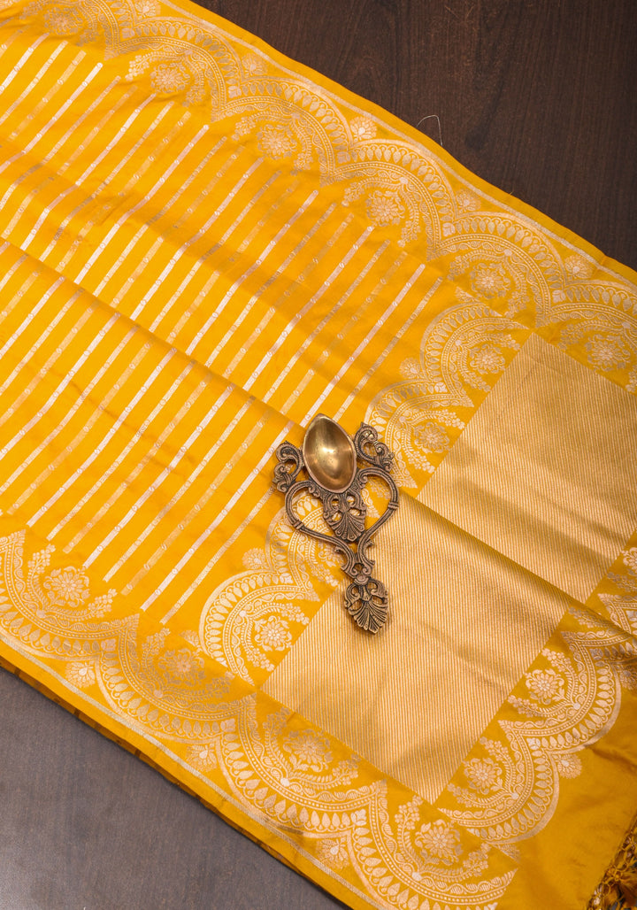 Scalloped Border Banarasi Katan Silk Saree in Yellow with vertical stripes| SILK MARK CERTIFIED
