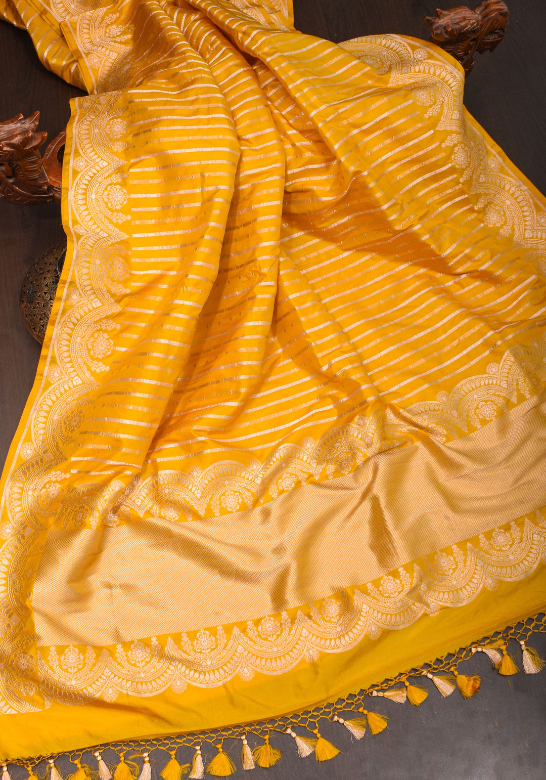 Scalloped Border Banarasi Katan Silk Saree in Yellow with vertical stripes| SILK MARK CERTIFIED