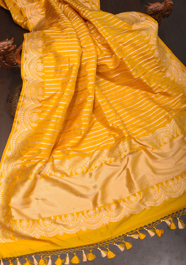 Scalloped Border Banarasi Katan Silk Saree in Yellow with vertical stripes| SILK MARK CERTIFIED
