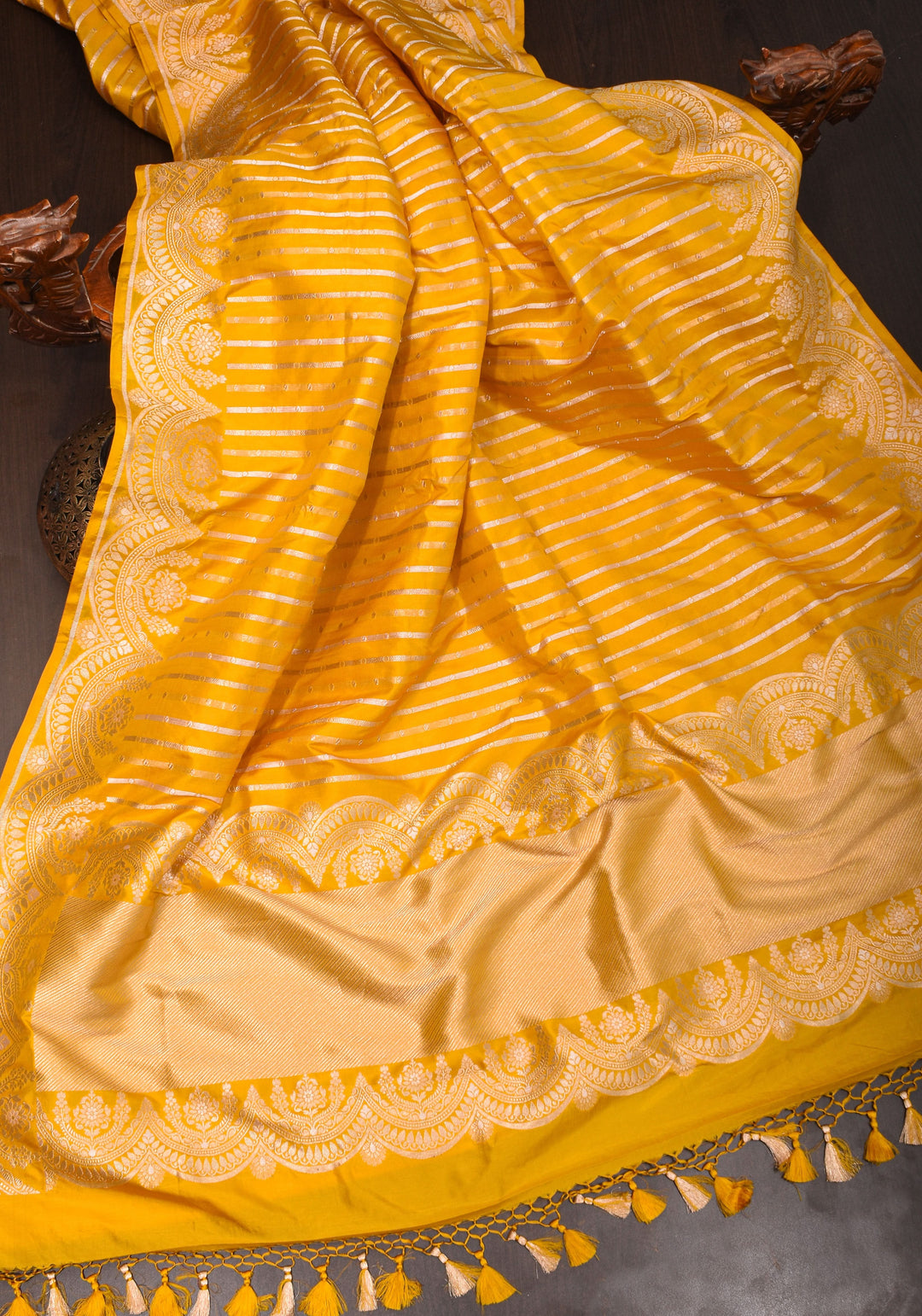 Scalloped Border Banarasi Katan Silk Saree in Yellow with vertical stripes| SILK MARK CERTIFIED
