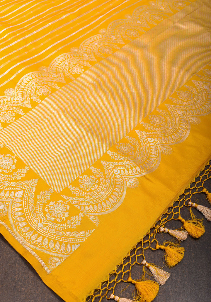 Scalloped Border Banarasi Katan Silk Saree in Yellow with vertical stripes| SILK MARK CERTIFIED