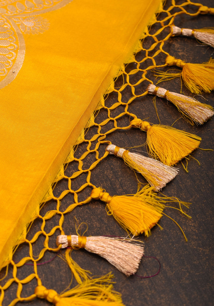 Scalloped Border Banarasi Katan Silk Saree in Yellow with vertical stripes| SILK MARK CERTIFIED