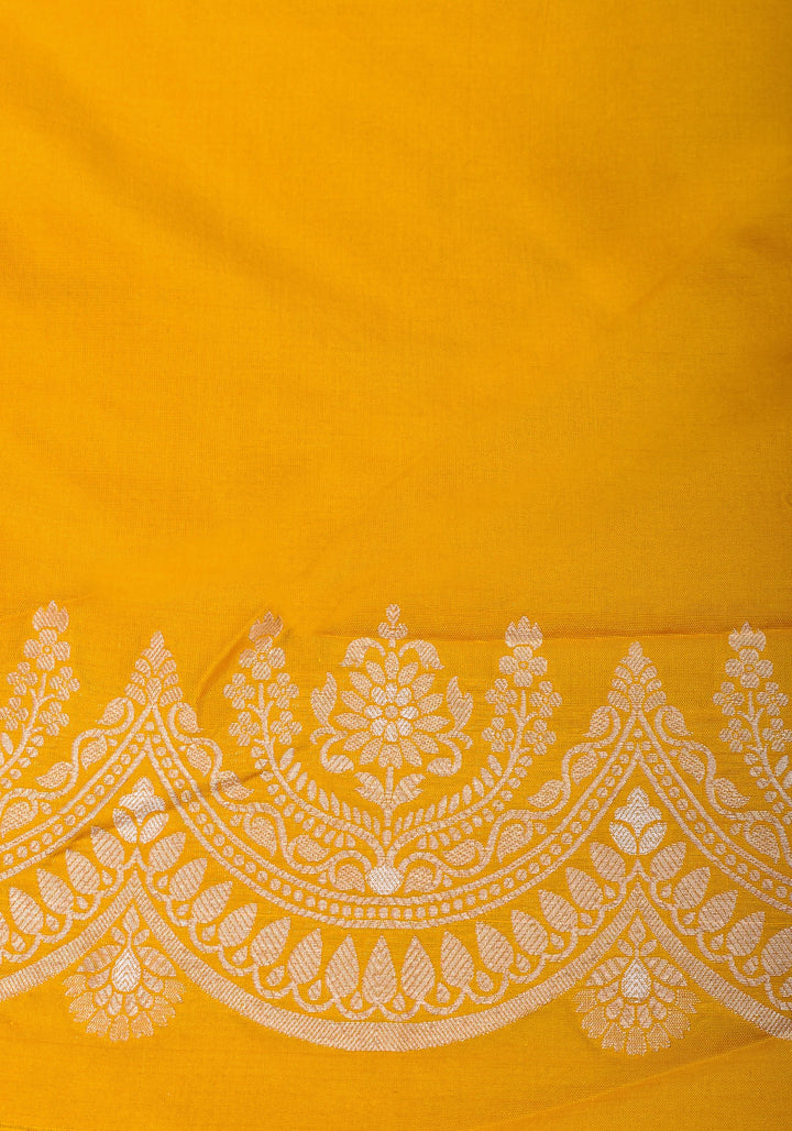 Scalloped Border Banarasi Katan Silk Saree in Yellow with vertical stripes| SILK MARK CERTIFIED