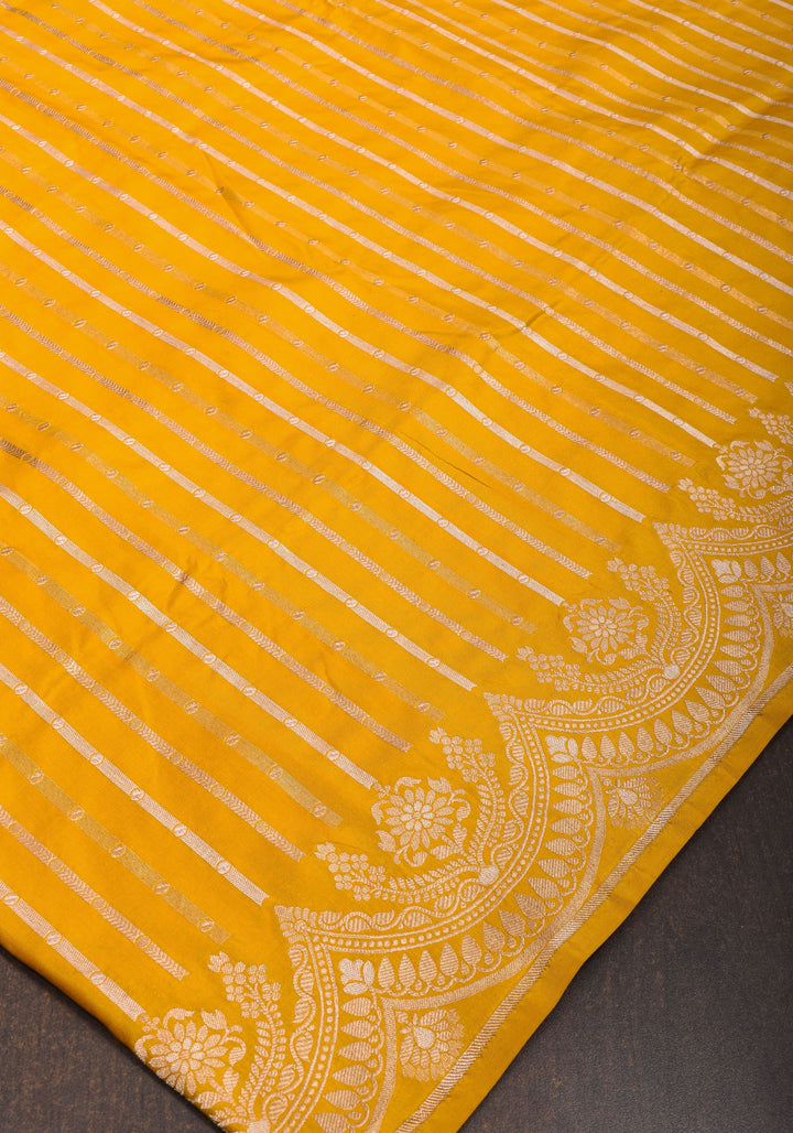 Scalloped Border Banarasi Katan Silk Saree in Yellow with vertical stripes| SILK MARK CERTIFIED