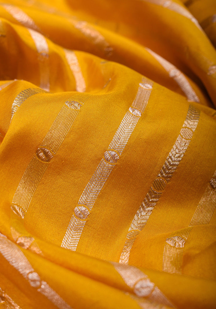 Scalloped Border Banarasi Katan Silk Saree in Yellow with vertical stripes| SILK MARK CERTIFIED