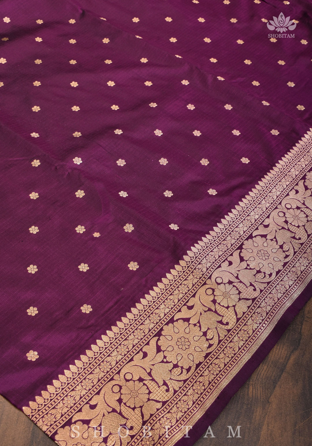 Resplendent Pallu Pure Katan Silk Banarasi Saree with Chunri Butis in plum | SILK MARK CERTIFIED.