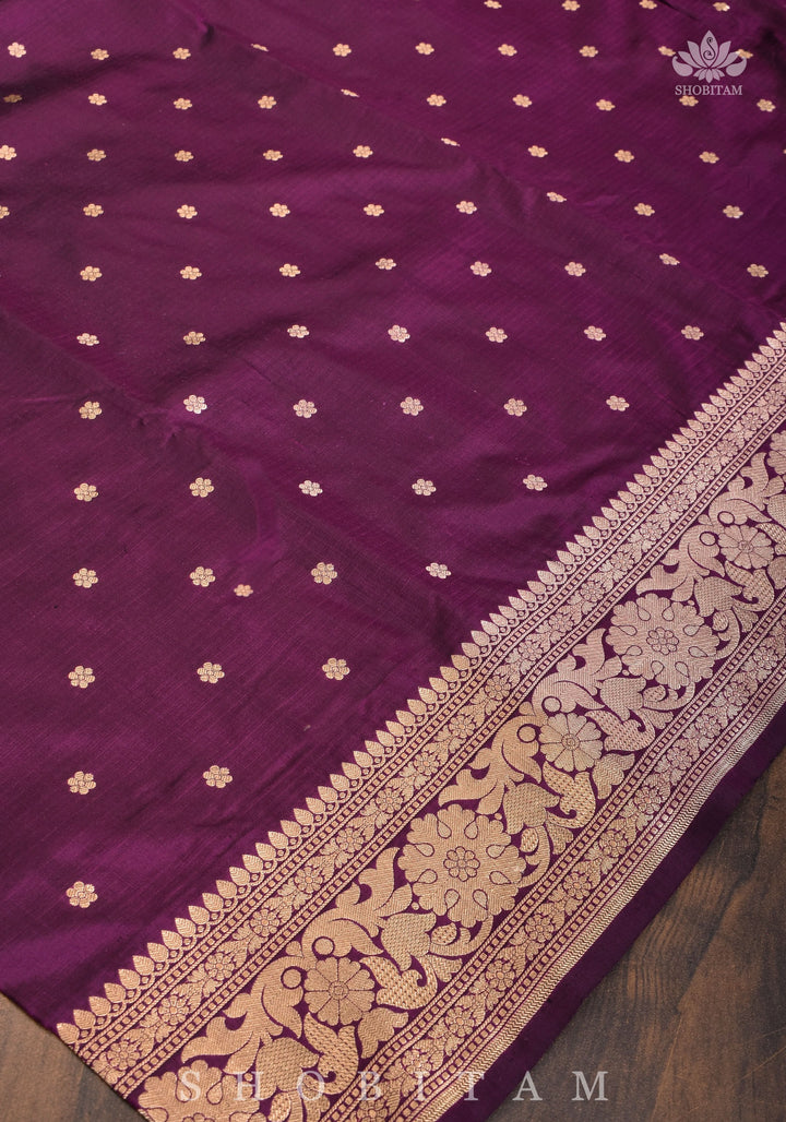 Resplendent Pallu Pure Katan Silk Banarasi Saree with Chunri Butis in plum | SILK MARK CERTIFIED.