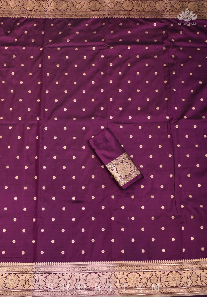 Resplendent Pallu Pure Katan Silk Banarasi Saree with Chunri Butis in plum | SILK MARK CERTIFIED.