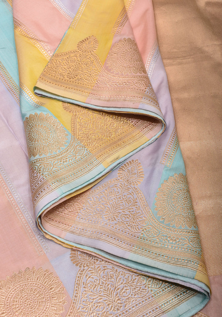 Pastel Hued Jharoka Pattren Pure Katan Silk saree with Ornate arched Zari 2 side borders | SILK MARK CERTIFIED