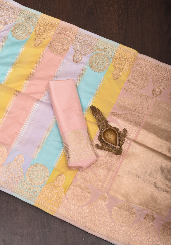 Pastel Hued Jharoka Pattren Pure Katan Silk saree with Ornate arched Zari 2 side borders | SILK MARK CERTIFIED