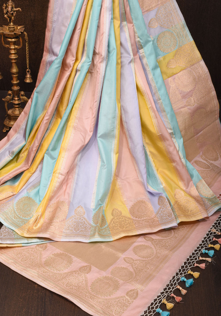 Pastel Hued Jharoka Pattren Pure Katan Silk saree with Ornate arched Zari 2 side borders | SILK MARK CERTIFIED