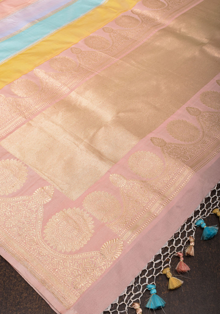 Pastel Hued Jharoka Pattren Pure Katan Silk saree with Ornate arched Zari 2 side borders | SILK MARK CERTIFIED