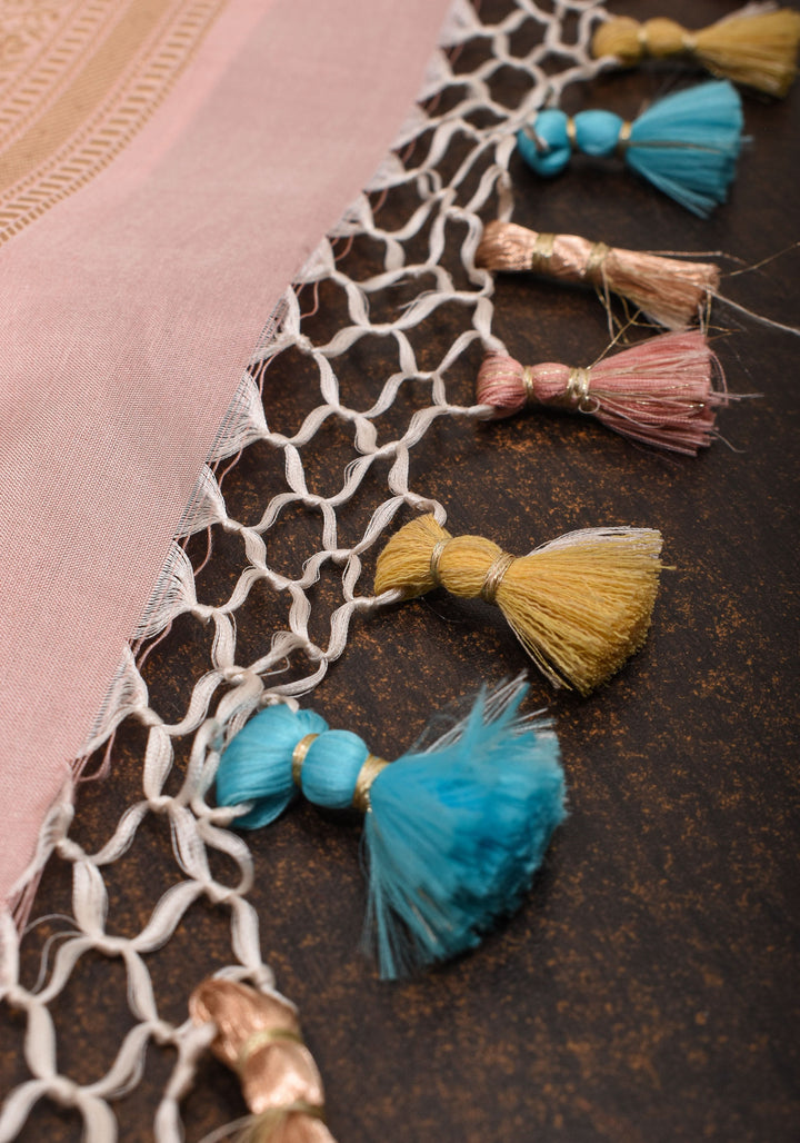 Pastel Hued Jharoka Pattren Pure Katan Silk saree with Ornate arched Zari 2 side borders | SILK MARK CERTIFIED