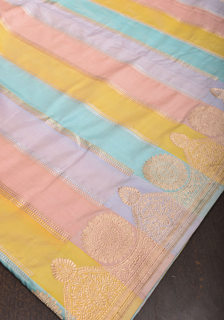 Pastel Hued Jharoka Pattren Pure Katan Silk saree with Ornate arched Zari 2 side borders | SILK MARK CERTIFIED