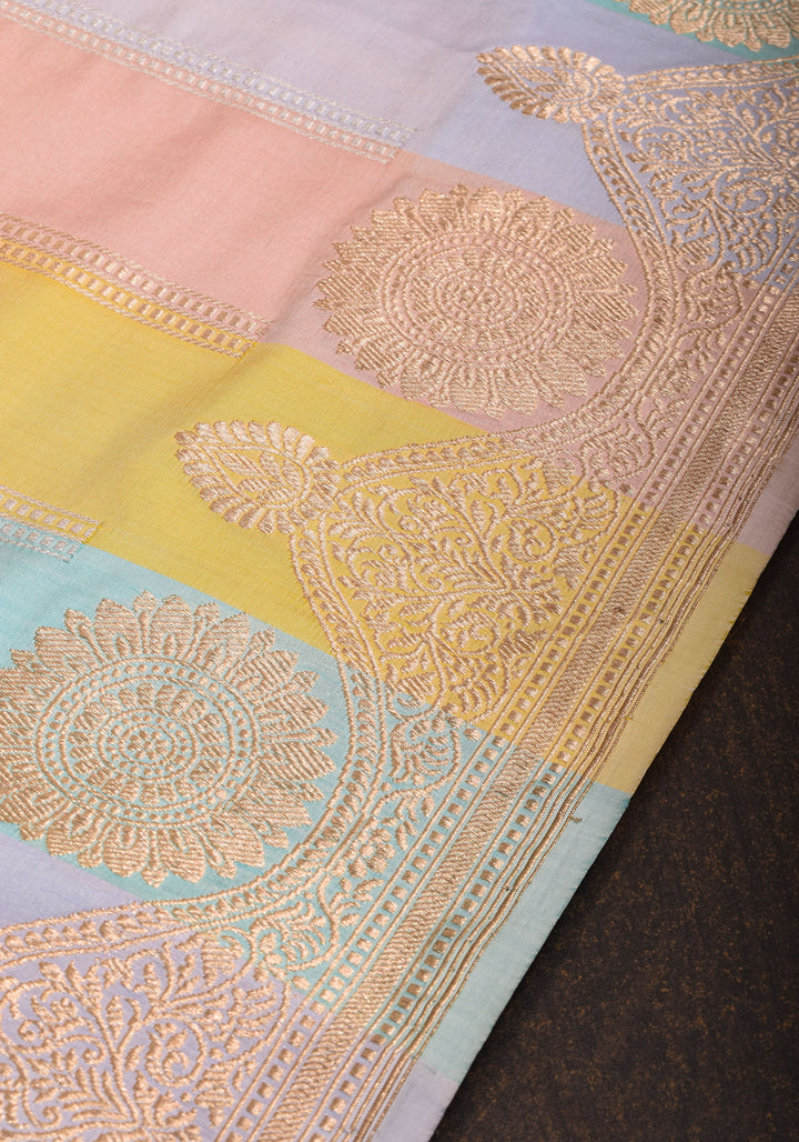 Pastel Hued Jharoka Pattren Pure Katan Silk saree with Ornate arched Zari 2 side borders | SILK MARK CERTIFIED