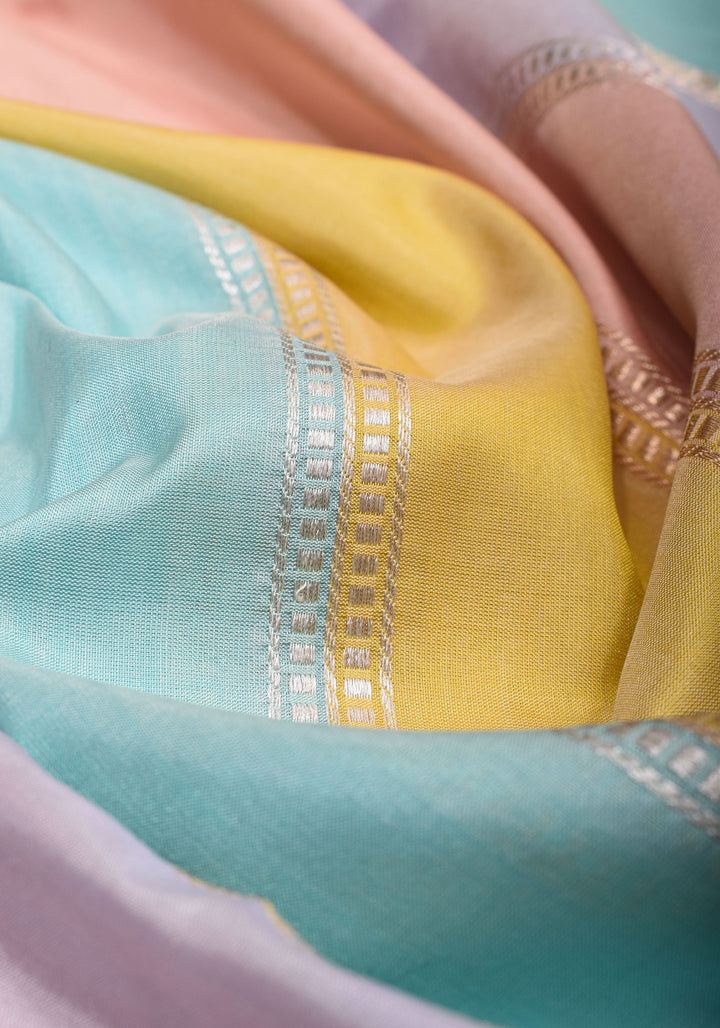 Pastel Hued Jharoka Pattren Pure Katan Silk saree with Ornate arched Zari 2 side borders | SILK MARK CERTIFIED
