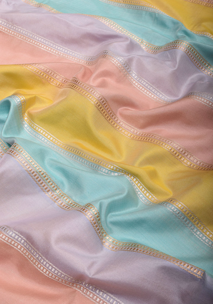Pastel Hued Jharoka Pattren Pure Katan Silk saree with Ornate arched Zari 2 side borders | SILK MARK CERTIFIED