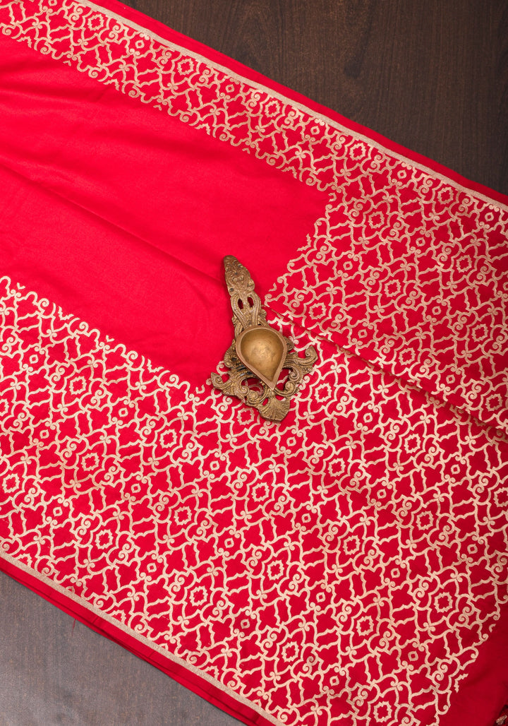 Grand Banarasi Silk Saree with Trellis Pattern Border in Red | SILK MARK CERTIFIED