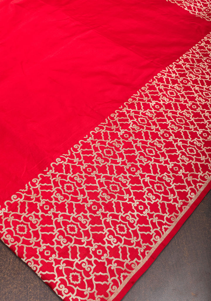 Grand Banarasi Silk Saree with Trellis Pattern Border in Red | SILK MARK CERTIFIED