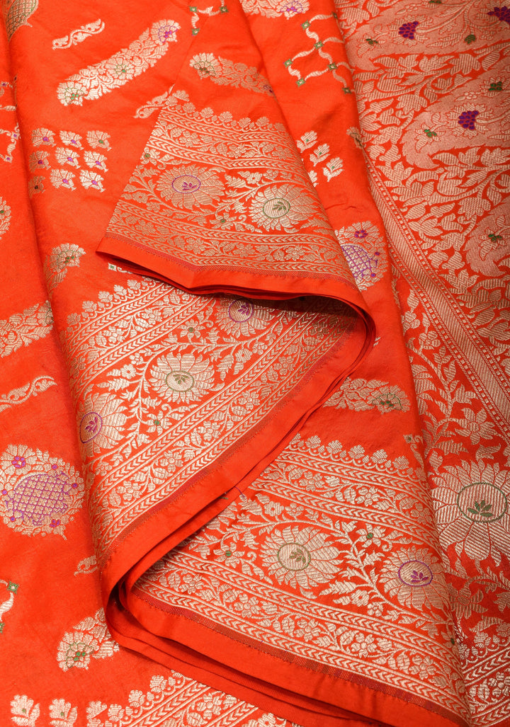 Orange Banarasi Meenakari floral Brocade Katan Silk Saree with Geometric Motifs| SILK MARK CERTIFIED
