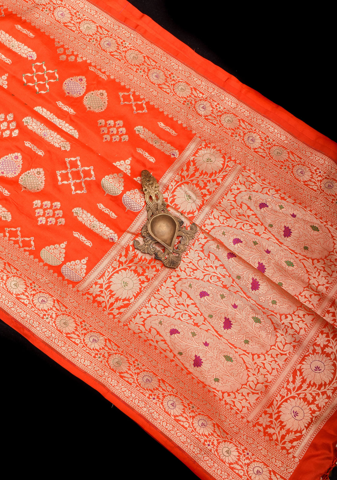 Orange Banarasi Meenakari floral Brocade Katan Silk Saree with Geometric Motifs| SILK MARK CERTIFIED