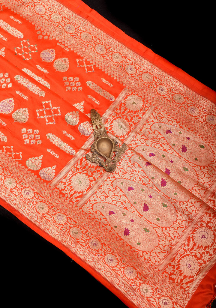 Orange Banarasi Meenakari floral Brocade Katan Silk Saree with Geometric Motifs| SILK MARK CERTIFIED