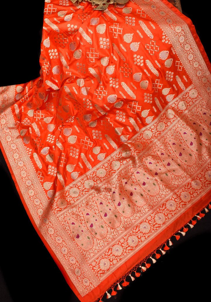 Orange Banarasi Meenakari floral Brocade Katan Silk Saree with Geometric Motifs| SILK MARK CERTIFIED