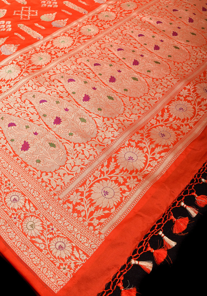 Orange Banarasi Meenakari floral Brocade Katan Silk Saree with Geometric Motifs| SILK MARK CERTIFIED