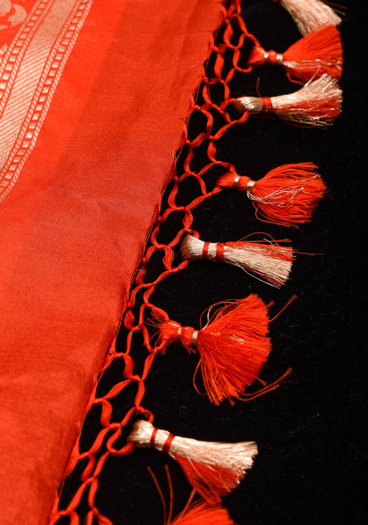 Orange Banarasi Meenakari floral Brocade Katan Silk Saree with Geometric Motifs| SILK MARK CERTIFIED